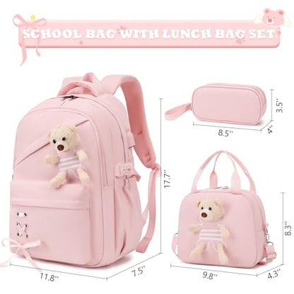 ACESAK School Backpack for Girls - 3 PCS Cute Girls Backpack with Lunch Box & Pencil Case - Kawaii Casual Kids Bookbag School Bag Daypacks Set for Elementary Middle High School Student Teens (Pink) - color: Pink