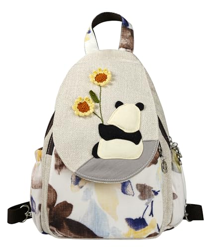 Small Canvas Backpack, Retro Boho Washed Hippie for Women Daily Commute (Panda Decorations) - color: Panda4