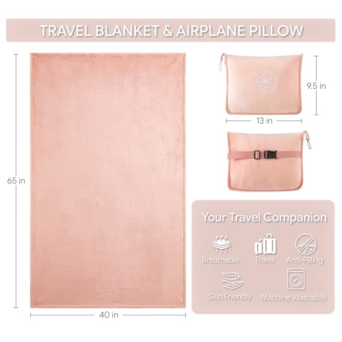Travel Blanket, Soft 2-in-1 Airplane Blanket, 65x40 Inches, Travel Blanket Airplane Compact with Bag, Car Blanket with Luggage Sleeve & Backpack Clip (Peachy Pink) - color: Peachy Pink