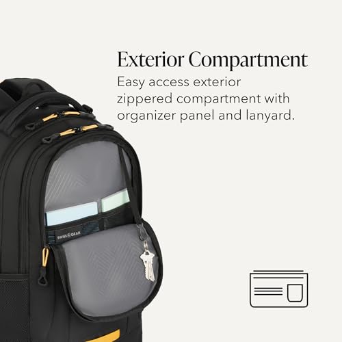 SWISSGEAR Cecil Laptop Backpack, Fits Most 16-Inch Laptops, Three-Compartment Design, Airflow Back Panel, Black, 27.3L, 18-Inch - color: Black/Gold