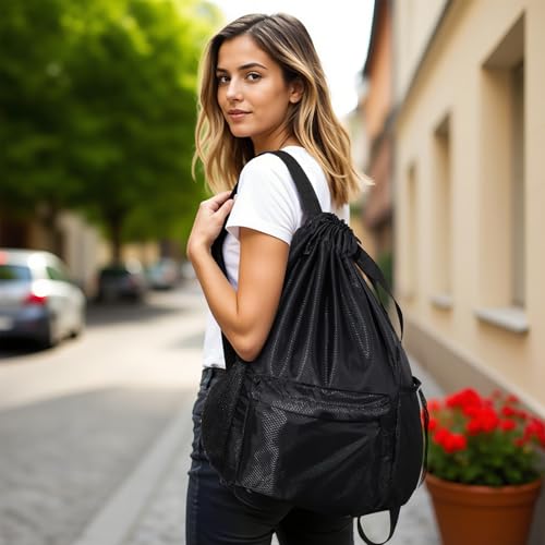 Dntorx Drawstring Backpack, Gym Bag for Women, Kids Swim Bag Black | Waterproof string backpack with water bottle pocket, lightweight washable roomy drawstring design adjustable straps - color: Black