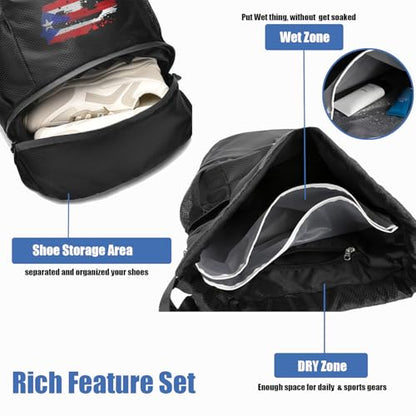 FOECBIR Sports Drawstring Backpack with Shoe Compartment & Reflective Safety Strips, Large Capacity Basketball Bag Water Resistant Side Mesh Pockets for Men Women (American Flag) - color: American Flag