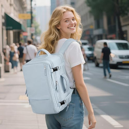 Sinaliy Large Expandable Travel Backpack for Men and Women, 17 Inch Laptop, Waterproof, Casual, College, Business, Hiking, Camping - color: Light Blue