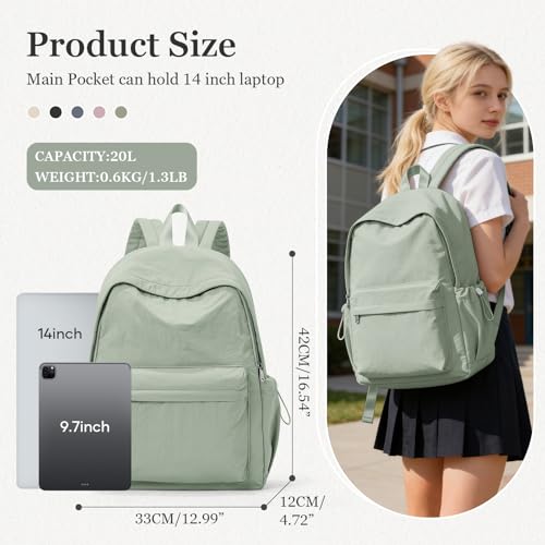 Simple School Backpack For Women Men Aesthetic Medium Backpack Lightweight Casual Daypack College Backpacks Cute Bookbag for Teens Girls Boys Basic Bagpack（Green） - color: Green