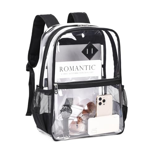 MUSEVOS Clear Backpack Stadium Approved, Heavy Duty See Through Book Bag, Black Transparent - color: Black Transparent