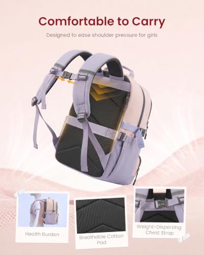 LOVEVOOK School Backpack for Teen Girls, Unique Style College Student Backpacks with Large Cup Holder, Cute Kid Bookbag with Pens Compartment, Large Capacity Back to School Backpack Fit 15.6'' Laptop - color: Purple Pink Beige, size: Medium