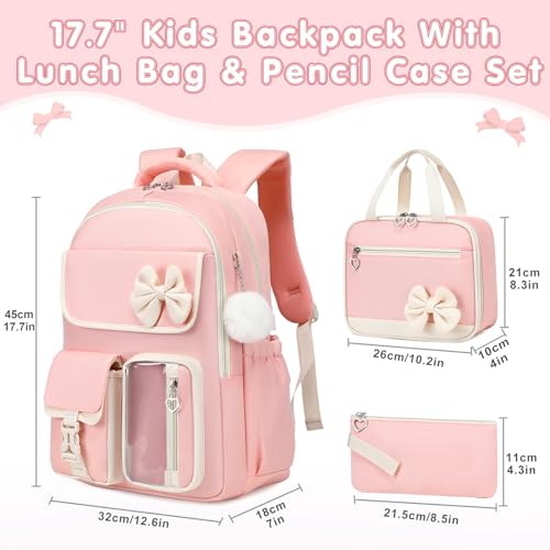 GeeWin Girls Backpack for School with Lunch Box & Pencil Case Set, 17 Inch Waterproof Cute Bow Girls Bookbag for Kids, Teens, Elementary Middle High College School Student (Pink/Beige) - color: Pink Beige