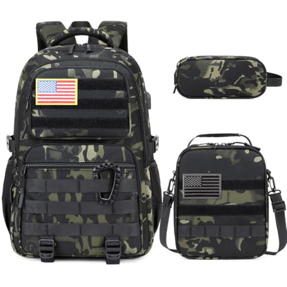 Camo Backpack for Boys, Tactical Boys Backpack with Lunch Box Pencil Case, Kids Backpacks with USB Charging Port, Military Army School Bookbag for Teen Boy Elementary Middle High School Camp - color: Black-green