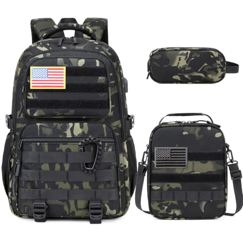 Camo Backpack for Boys, Tactical Boys Backpack with Lunch Box Pencil Case, Kids Backpacks with USB Charging Port, Military Army School Bookbag for Teen Boy Elementary Middle High School Camp - color: Black-green