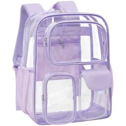PACKISM Clear Backpack for School - 17 inch Large Heavy Duty Bookbag, Reinforced See Through PVC Transparent Backpack - color: Pu Straps Purple 3 Pockets, style: Daypack Backpacks