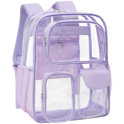 PACKISM Clear Backpack for School - 17 inch Large Heavy Duty Bookbag, Reinforced See Through PVC Transparent Backpack - color: Pu Straps Purple 3 Pockets, style: Daypack Backpacks