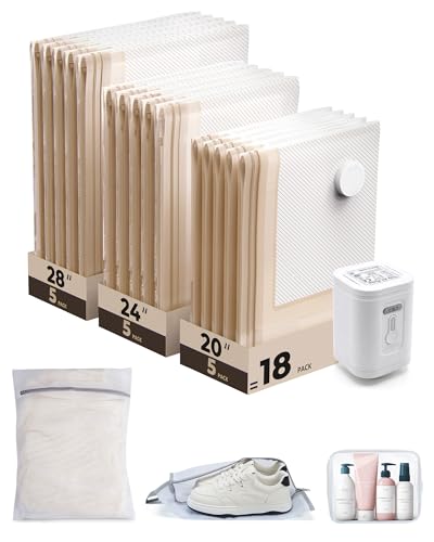 BAGSMART Vacuum Seal Storage Bags for Clothing Travel, 18 Pack Travel Essentials Bundle includes Laundry Bag & Waterproof Shoe Bag & TSA Approved Toiletry Bag, Hand Pump Included - color: Khaki, size: 18 Combo Travel