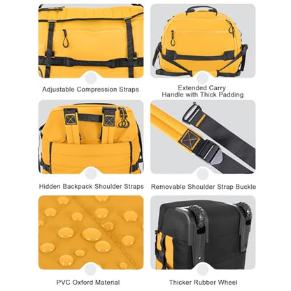 85L 29“ Foldable Rolling Backpack with Wheels, Soft-side Travel Duffle Bag with Separate Shoe Compartment, Full Quilted Bottom, Yellow - color: Yellow
