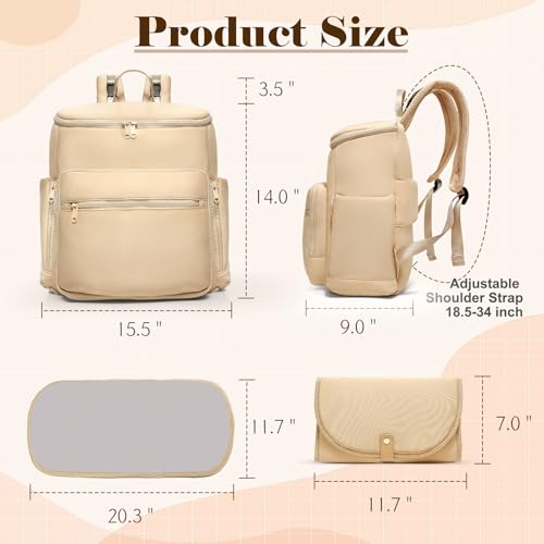 Diaper Bag Backpack, Neoprene Bag Backpack, Large Diaper Backpack with 16 Diaper Bag Organizers, 4 Insulated Pockets, Lighweight Travel Baby Bag with Changing Pad for Mom & Dad, Apricot - color: Apricot