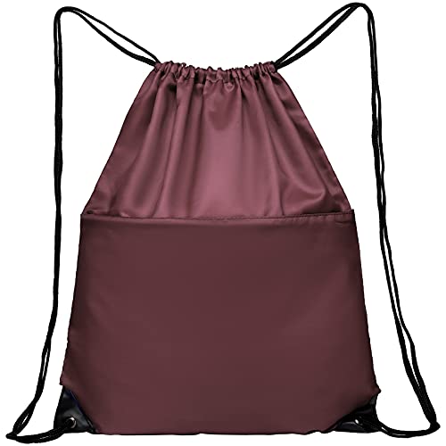 Drawstring Backpack Sports Water Resistant String Bag Sport Gym Sackpack for Women Men Large with Zipper, Burgundy - color: Burgundy
