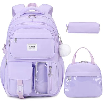 ACESAK Backpack for Girls - Girls Backpack with Lunch Bag & Pencil Pouch for Teen Kids Laptop Backpack for Women, Elementary Middle High School Bookbag Travel Daypack (Purple) - color: Purple
