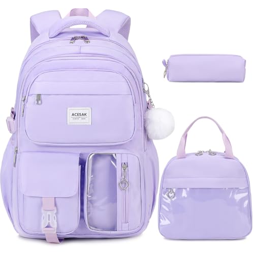 ACESAK Backpack for Girls - Girls Backpack with Lunch Bag & Pencil Pouch for Teen Kids Laptop Backpack for Women, Elementary Middle High School Bookbag Travel Daypack (Purple) - color: Purple