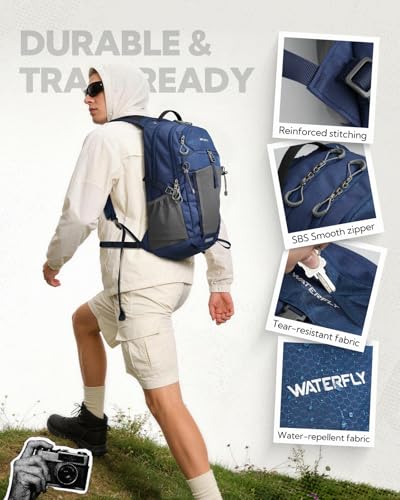 WATERFLY Small Lightweight Hiking Backpack: 20L Outdoor Daypack with Phone Pocket, Hydration Compatible, Breathable Backpanel, Multi-Compartment for Camping Trekking Travel Women Men - color: Blue