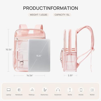 Telena Clear Backpack with Multi-pockets, Heavy Duty TPU Transparent Bag with Reinforced Straps, Large See Through Bookbag for College, Work - Pink - color: 2-pink