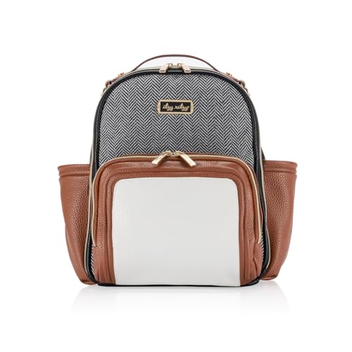 Itzy Ritzy Mini Diaper Bag Backpack – Chic, Compact Mini Plus Backpack with Changing Pad, 10 Pockets (6 Internal, 4 External), Grab-Top Handle & Rubber Feet (Coffee & Cream) - color: Coffee & Cream