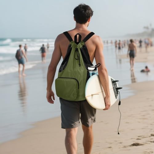 ODAWA Army Green Drawstring Beach Bag for Workout Drawstring Backpacks with Water Bottle Pocket - color: Army Green
