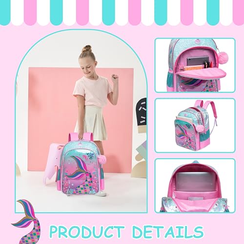 Mermaid Backpacks for Girls Backpack for School Elementary Students Kids Backpack with Lunch Box Cute Backpacks for School Girls 8-12 - color: Pink Blue Mermaid