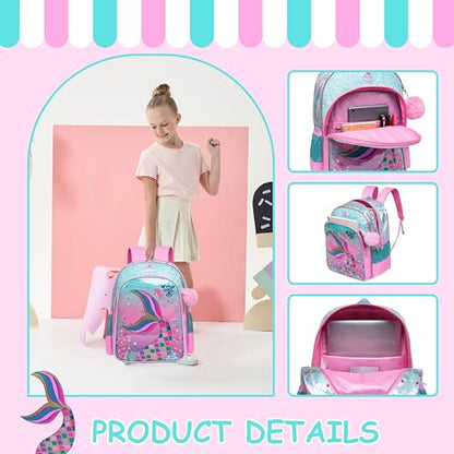 Mermaid Backpacks for Girls Backpack for School Elementary Students Kids Backpack with Lunch Box Cute Backpacks for School Girls 8-12 - color: Pink Blue Mermaid