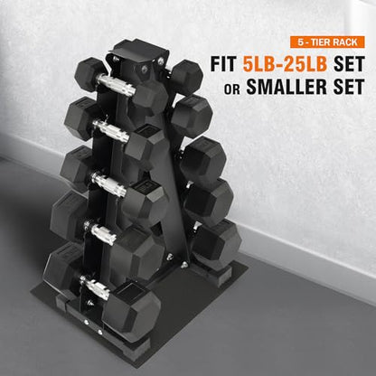 Fitvids Rubber Coated Hex Dumbbell Weight Set and Rack â€“ Dumbbell + A-Rack: 150lbs (5-25lbs Pairs) â€“ Black