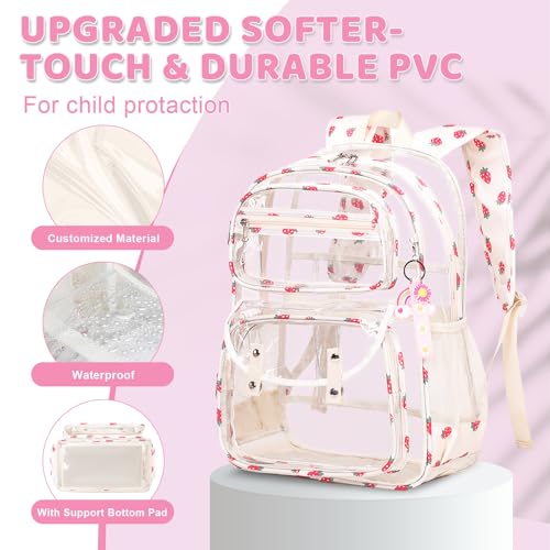 ACESAK Clear Backpack for Girls - 3 Pcs Clear Backpack Heavy Duty with Lunch Bag - See Through Bookbag Stadium Approved for Kids Middle High College School(Beige) - color: Beige