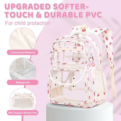 ACESAK Clear Backpack for Girls - 3 Pcs Clear Backpack Heavy Duty with Lunch Bag - See Through Bookbag Stadium Approved for Kids Middle High College School(Beige) - color: Beige