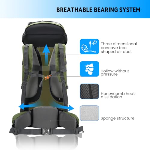 Bseash 80L Waterproof Hiking Camping Backpack with Rain Cover, Lightweight Outdoor Sport Travel Daypack for Climbing Touring (Army Green) - color: Army Green