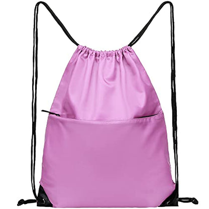 Drawstring Backpack Sports Water Resistant String Bag Sport Gym Sackpack for Women Men Large with Zipper, Pink - color: Pink