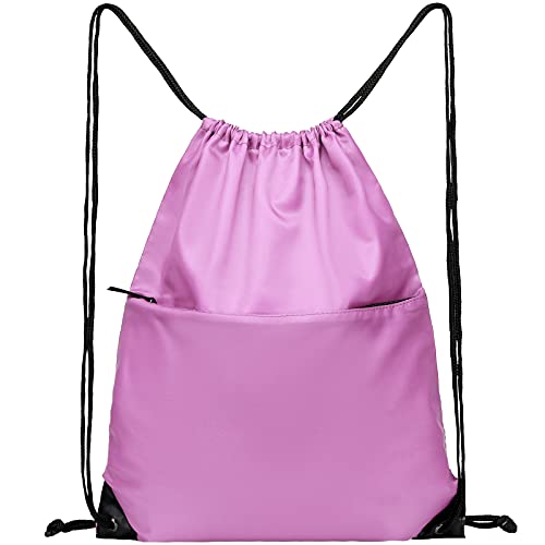 Drawstring Backpack Sports Water Resistant String Bag Sport Gym Sackpack for Women Men Large with Zipper, Pink - color: Pink
