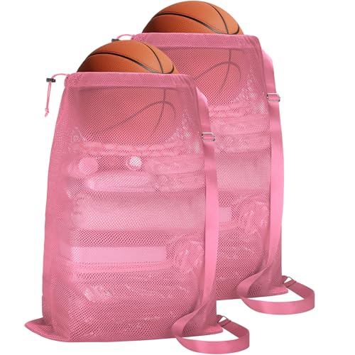 NATURAL STYLE 2 Packs Swim Bag Mesh Drawstring Backpack Oversized 18" x 26", Large Mesh Drawstring Backpack - color: Pink