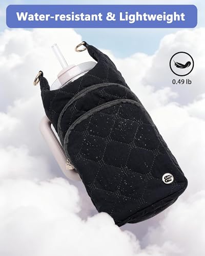 Water Bottle Holder with Strap for 30/32 oz, Crossbody Water Bottle Carrier Bag with RFID Blocking Phone Pocket - color: Black Diamond Quilted