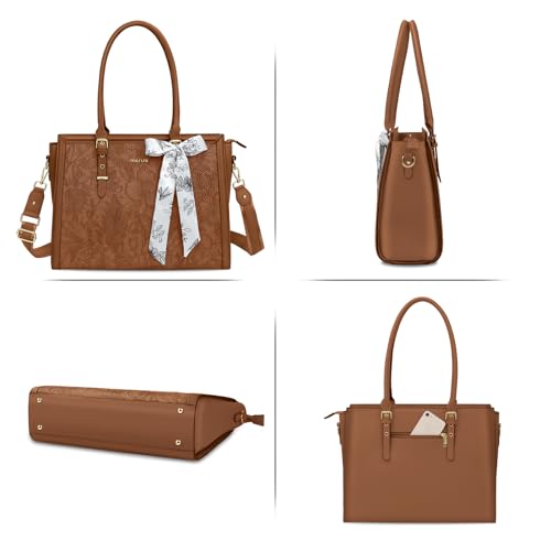 MOSISO Laptop Bag for Women, 17-17.3 inch PU Leather Tote Bag Compatible with MacBook, HP, Dell, Asus Notebook, Front Embossed Retro Hibiscus Computer Bags with Silk Scarf&Clutch Purse, Brown - color: Brown, size: 17.3 inch