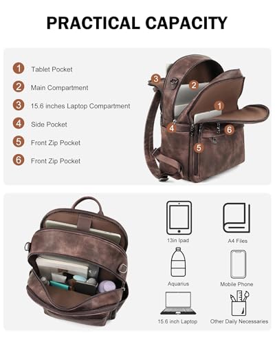 FADEON 15.6 inch Laptop Backpack Purse for Women Designer PU Leather Computer Backpacks Fashion for Work Travel Coffee Brown - color: Coffee Brown Retro Style