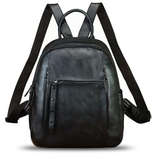 Genuine Leather Backpack for Women Vintage Casual Daypack Purse Back Bag Handmade Knapsack Western Rucksack (Black)