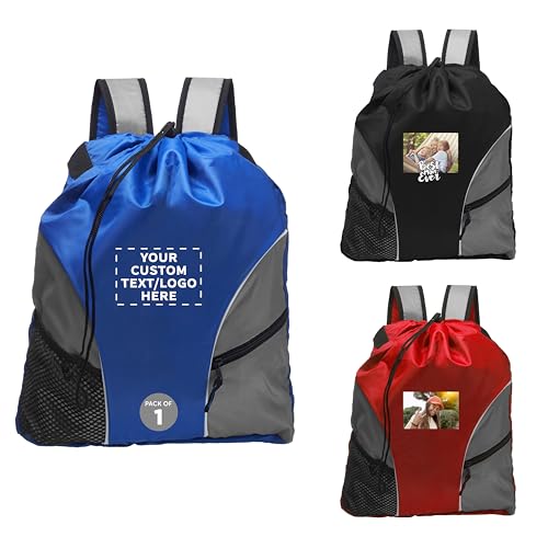 DISCOUNT PROMOS Custom Sporter Drawstring Backpacks Set of 1, Personalized Text, Logo, and Image - Cinch Bag, Gym Bag, Travel Backpack, Compact and Lightweight, Unisex Backpack - Blue - color: - Custom - Blue, size: 1 drawstring bag