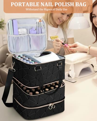 Nail Polish Organizer Bag, 3 Layers Detachable Nail Kit Storage Case PU Leather, Storage Case Holds 84 Bottles(15ml/0.5fl.oz)& Nail Lamp, Large Travel Nail Supplies Shoulder Bag for Manicure Tools