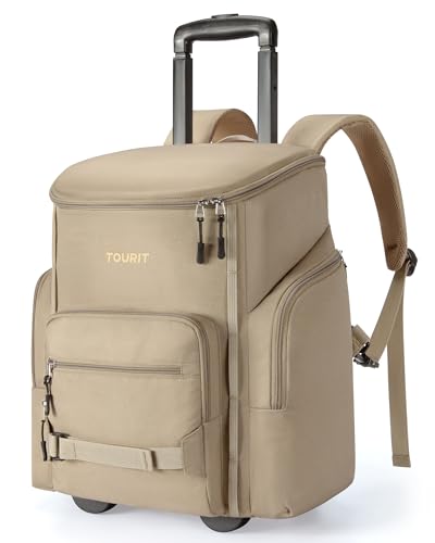TOURIT Insulated Rolling Cooler Backpack, Leakproof Waterproof Beach Cooler Bag with Wheels and Handle, Outdoor Camping Picnic Travel - color: 01-Brown, style: 36 Cans