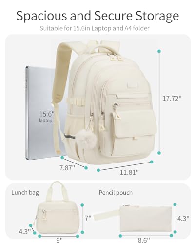 Girls School Backpack Set with Lunch Box, Teens Bookbag for Highschool Elementary Middle School Cute Back Pack, Beige-3 packs - color: Beige-3 Pcs, size: 15.6in