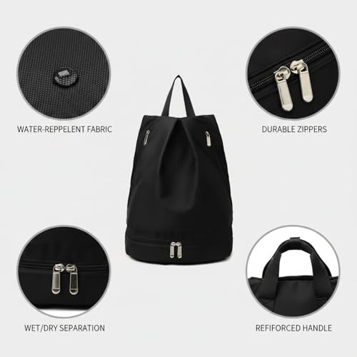 Foldable Gym Backpack with Wet/Dry Separation, Water-Resistant Oxford Sports Bag for Travel & Commute - color: Black