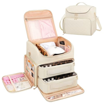 CUBETASTIC Extra Large Nail Polish Organizer Case Holds 86 to 100+ Bottles Nail Polish & Nail Lamp, Nail Supplies Storage Carrying Bag with 2 Removable Pouches - color: Beige