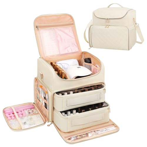 CUBETASTIC Extra Large Nail Polish Organizer Case Holds 86 to 100+ Bottles Nail Polish & Nail Lamp, Nail Supplies Storage Carrying Bag with 2 Removable Pouches - color: Beige