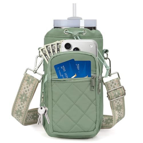 Water Bottle Holder with Strap, 32oz 40oz Insulated Water Bottle Carrier Bag, Purse Crossbody Sling Bag with Phone Pocket for Walking Hiking - color: green