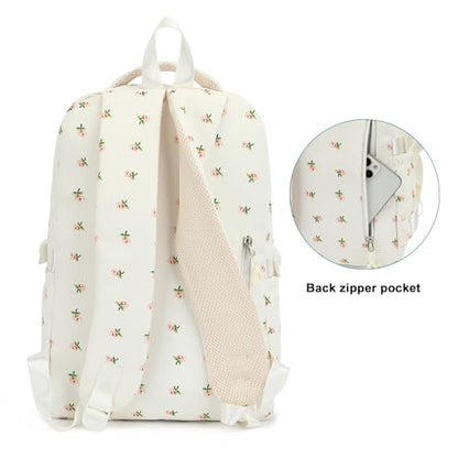 Kids High Middle School Backpack for Girls 5-12 Kawaii Travel Flower Bookbag,Beige Flower - color: Beige Flower