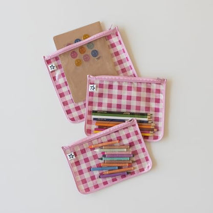 Tiny Twinkle Diaper Bag Organizing Pouches|3 Pack Mess-Proof Clear Front Travel Organizer Bags&TSA Approved Toiletry Bag Set for Baby and Mom Essentials - color: Raspberry Gingham