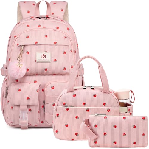 Hidds School Backpack with Lunch Box for Teens Girls Women 15.6 Inch Laptop College Backpacks with Lunch Bag Bookbag Set Corduroy Kids Elementary Middle High Bag Students Back Pack Daypack - Pink Set - color: 14-corduroy Pink Set