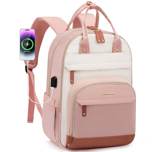 LOVEVOOK Laptop Backpack Women, 17 inch Waterproof Work Travel Backpack Computer Laptop Bag,Cute College Nurse Teacher Backpack Purse,Gifts for Women & Men,Pink-Beige - color: Pink-beige, size: 17 Inch
